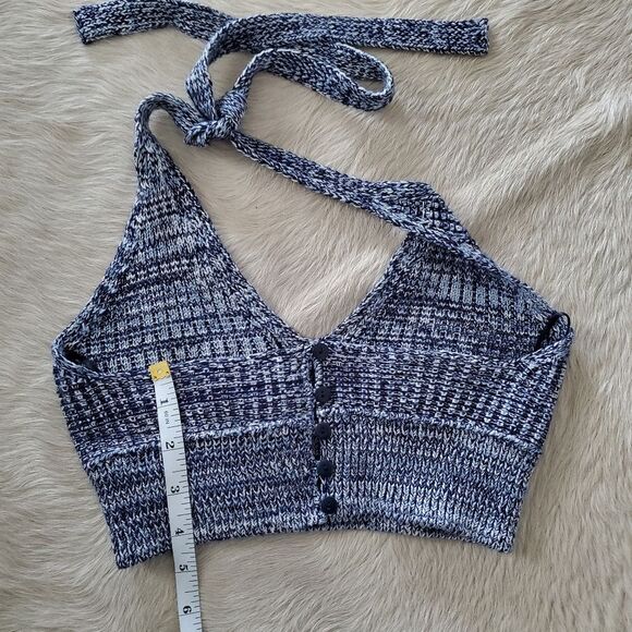 NEW Topshop Women’s Halter Top Size 4 Navy Blue Knit Crop Crochet Stretch Y2K - Picture 7 of 10